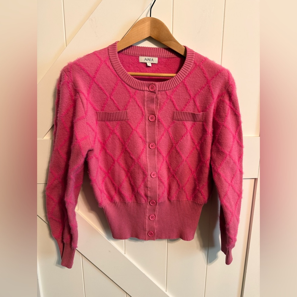 Avara Emily Pink Chic Women's Cardigan Large Barbiecore Fuzzy Stripes